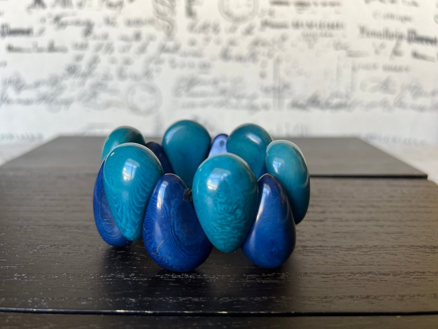 Blue wide cuff bracelet Tagua jewelry Summer style trend Beach fashion trend Big and bold funky boho bracelets Beaded stretch bangle