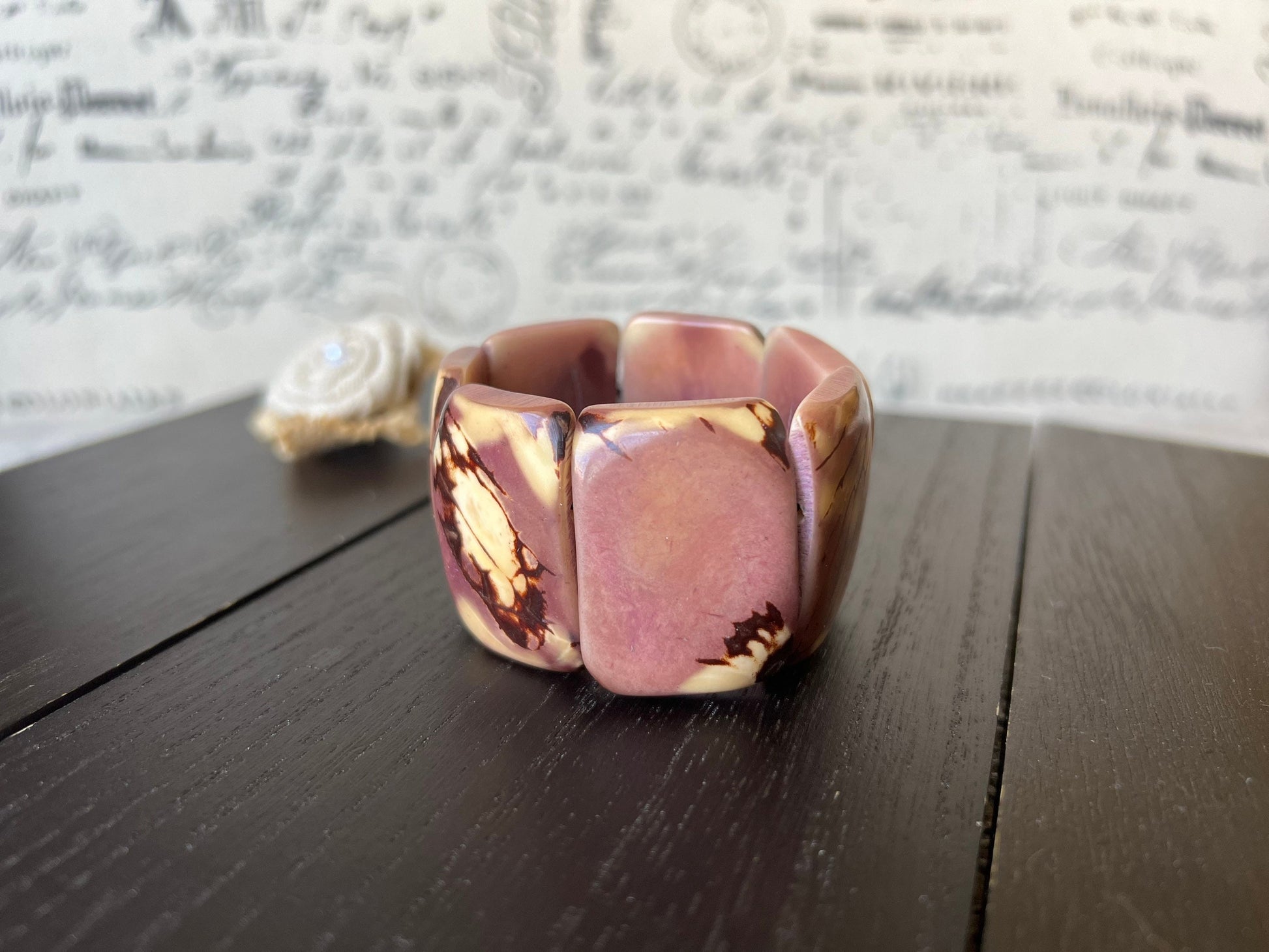 Tagua bracelet Light purple wide cuff bangle Beaded stretch bangle Geometric bangle Big oversized bracelet Anniversary gifts spring fashion