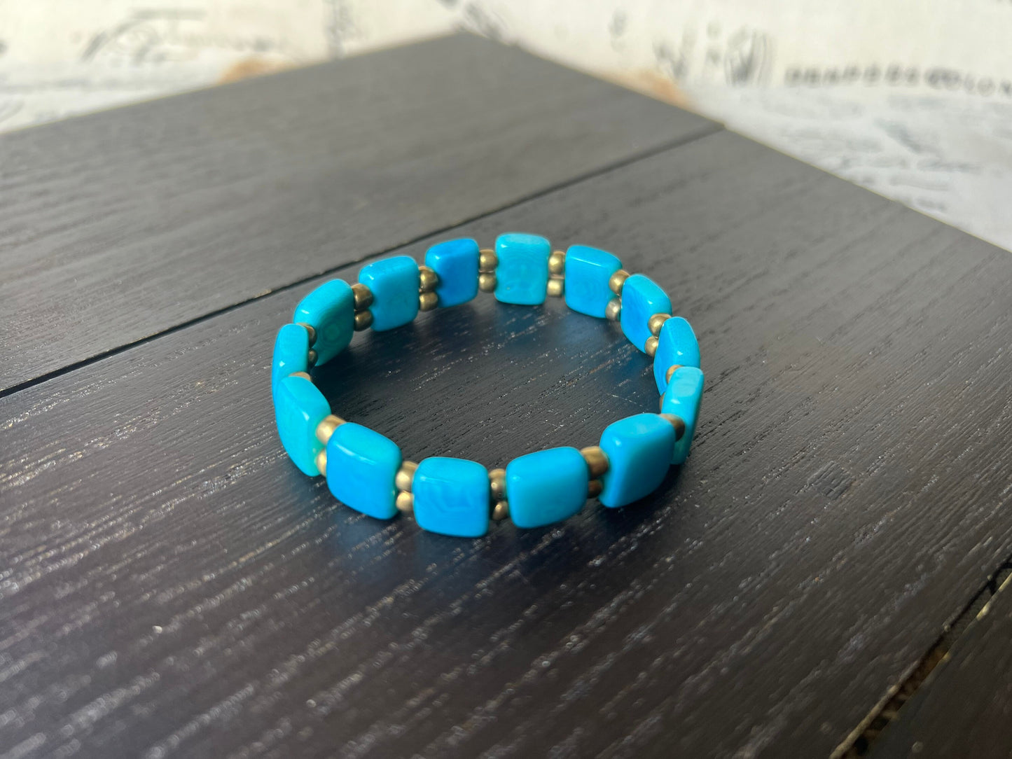 Turquoise square bracelet Statement stretch bangle Tagua jewelry Elastic adjustable bracelet Fall fashion Beach trends Xmas stocking stuffer