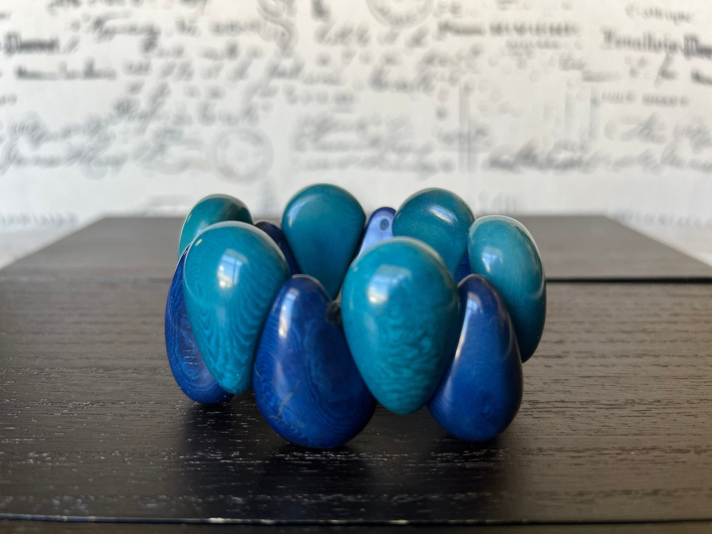 Blue wide cuff bracelet Tagua jewelry Summer style trend Beach fashion trend Big and bold funky boho bracelets Beaded stretch bangle