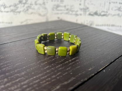 Olive green square bracelet Statement stretch bangle Tagua jewelry Elastic adjustable bracelet Fall fashion Beach trends Christmas stockings