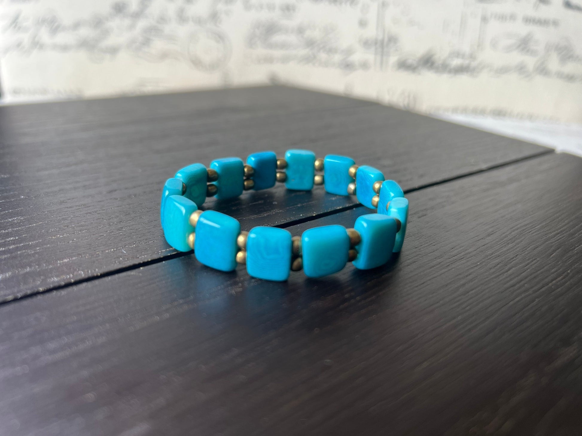 Turquoise square bracelet Statement stretch bangle Tagua jewelry Elastic adjustable bracelet Fall fashion Beach trends Xmas stocking stuffer