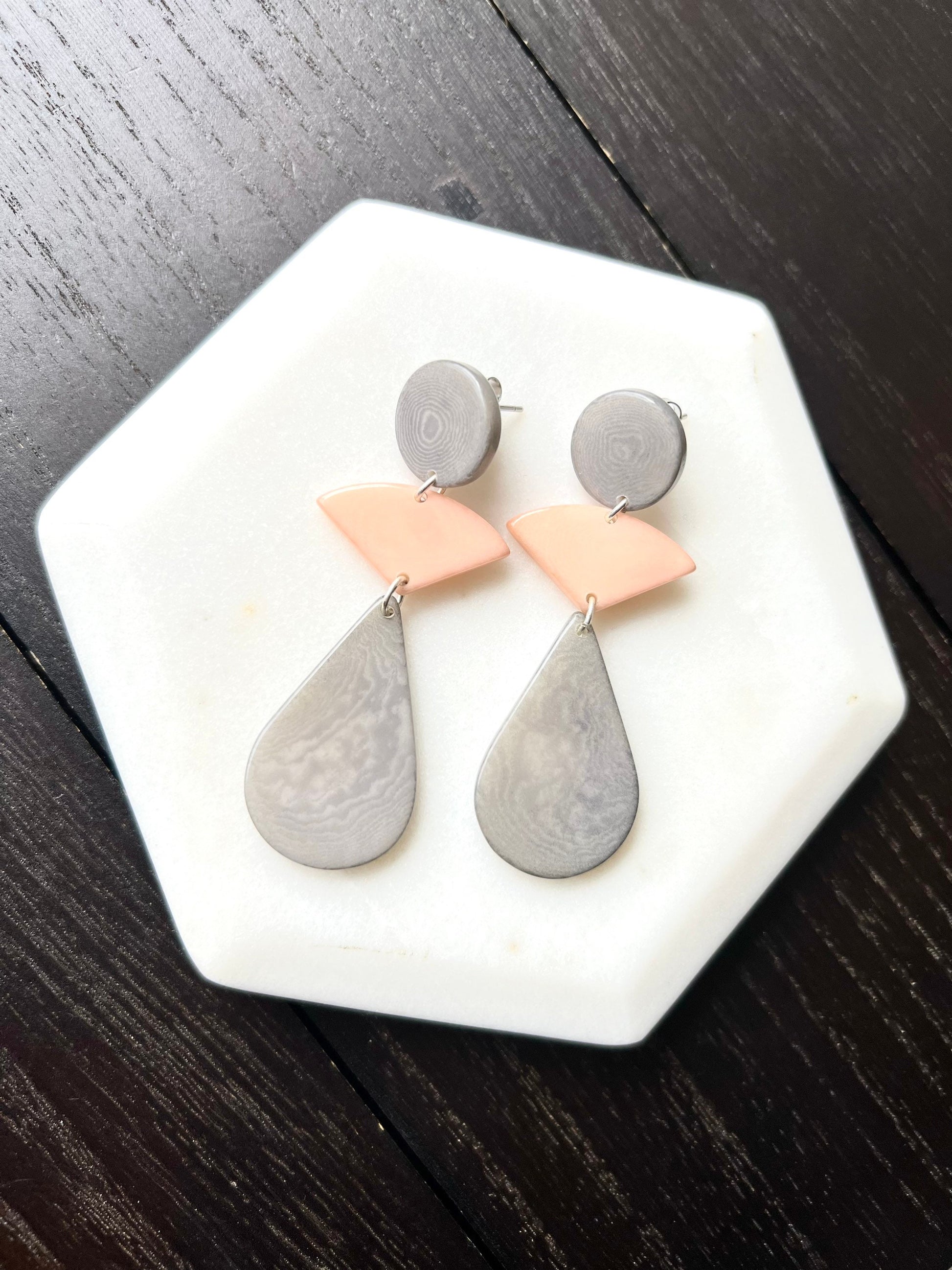 Peach and gray modern earrings Mother's day gifts Tagua jewelry Statement beaded dangle and drop earrings Geometric drops Summer fashion