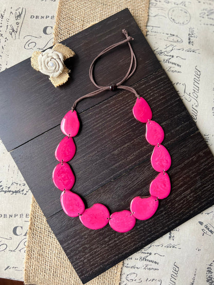 Hot pink single strand big beaded statement necklace Birthday gift for wife Tagua necklace Handmade collar with adjustable leather strap