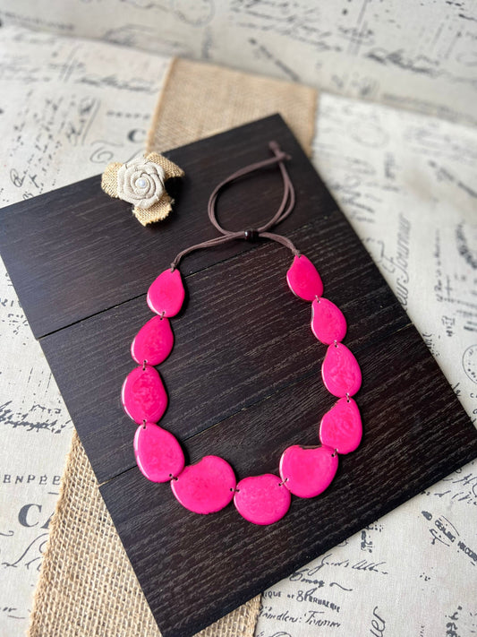 Hot pink single strand big beaded statement necklace Birthday gift for wife Tagua necklace Handmade collar with adjustable leather strap