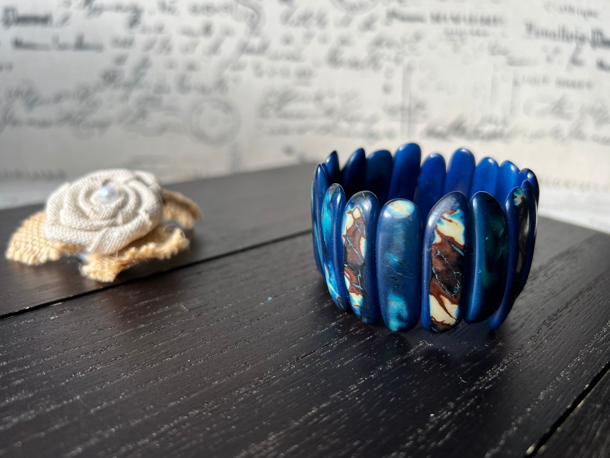 Blue statement beaded bracelet Anniversary gifts under 20 Spiked beads bangle Tagua jewelry Stretchy bracelet Beach trends Autumn fashion