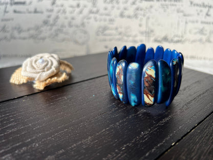 Blue statement beaded bracelet Anniversary gifts under 20 Spiked beads bangle Tagua jewelry Stretchy bracelet Beach trends Autumn fashion