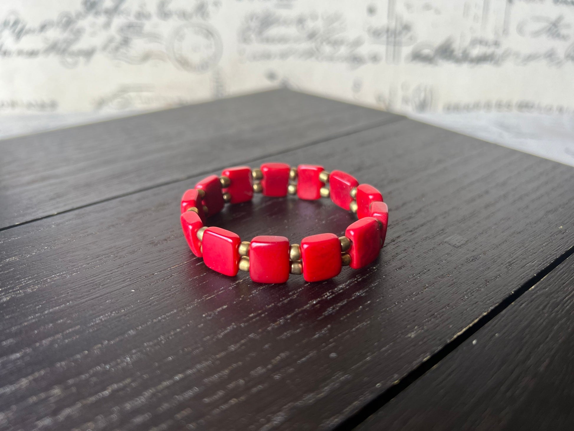 Red geometric bracelet Christmas stocking stuffers Statement stretch bangle Tagua jewelry Elastic adjustable bracelet Square bead Fall style