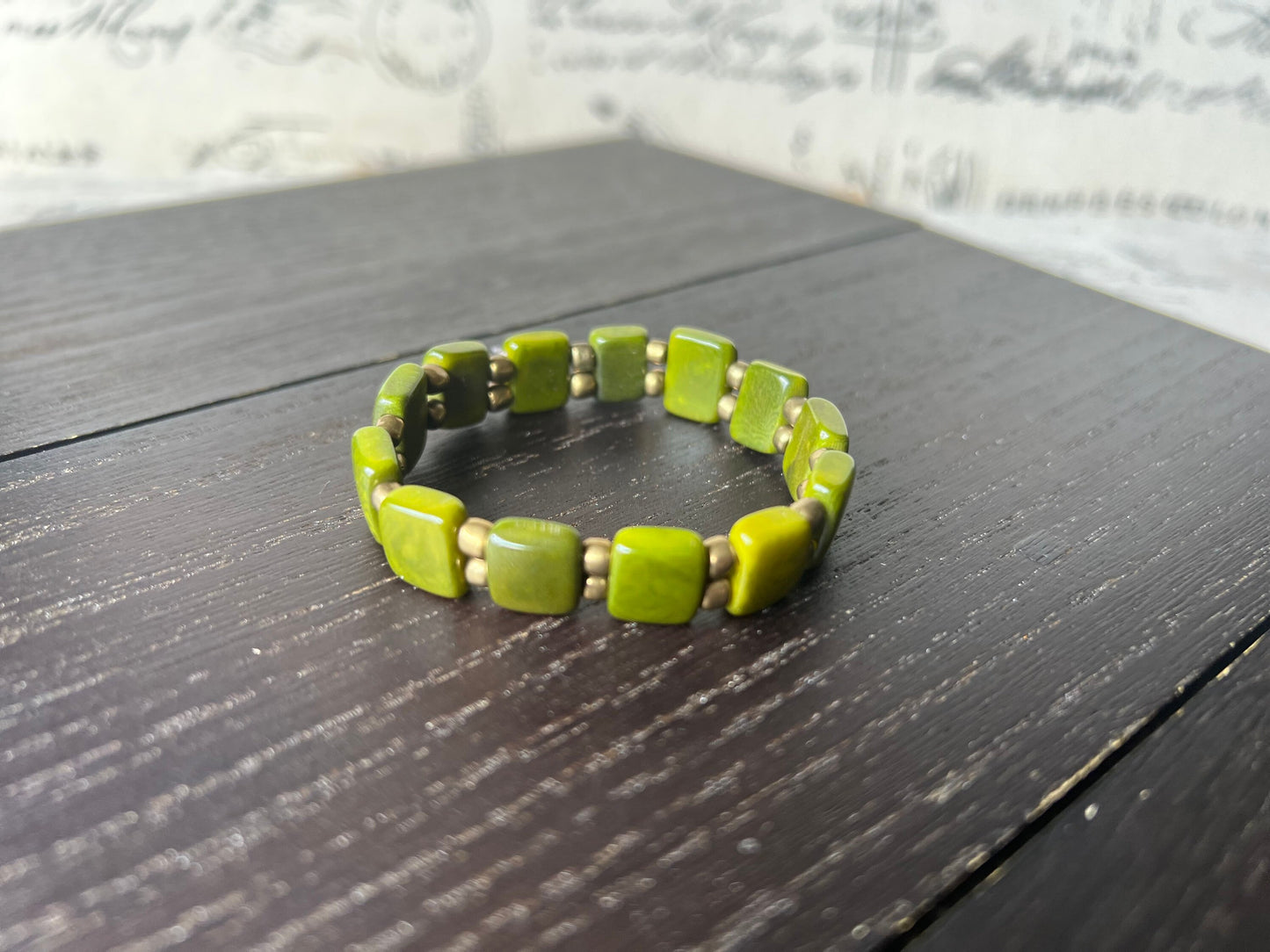 Olive green square bracelet Statement stretch bangle Tagua jewelry Elastic adjustable bracelet Fall fashion Beach trends Christmas stockings