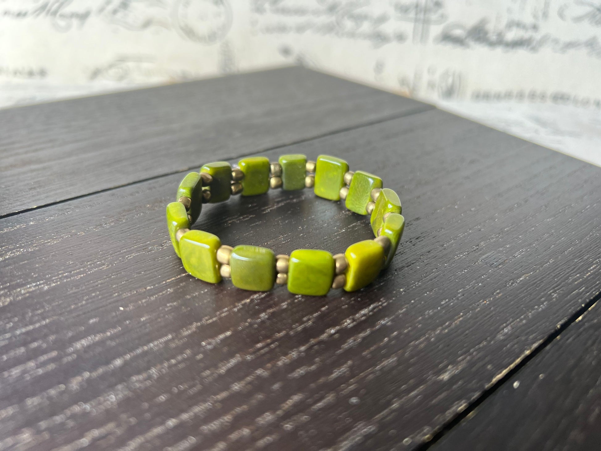 Olive green square bracelet Statement stretch bangle Tagua jewelry Elastic adjustable bracelet Fall fashion Beach trends Christmas stockings