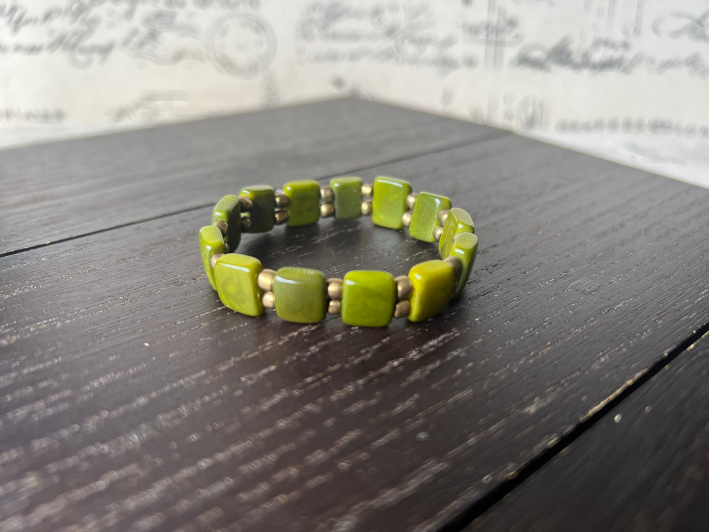 Olive green square bracelet Statement stretch bangle Tagua jewelry Elastic adjustable bracelet Fall fashion Beach trends Christmas stockings
