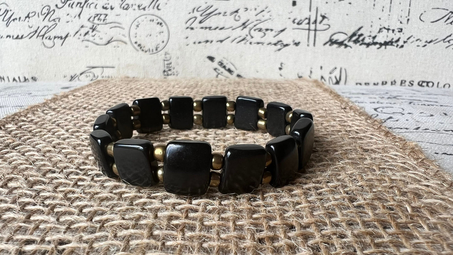 Black square bracelet Statement stretch bangle Tagua jewelry Elastic adjustable bracelet Fall fashion trends Christmas stocking stuffers