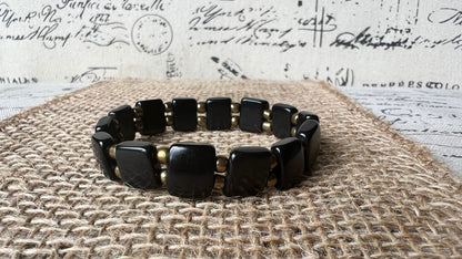 Black square bracelet Statement stretch bangle Tagua jewelry Elastic adjustable bracelet Fall fashion trends Christmas stocking stuffers