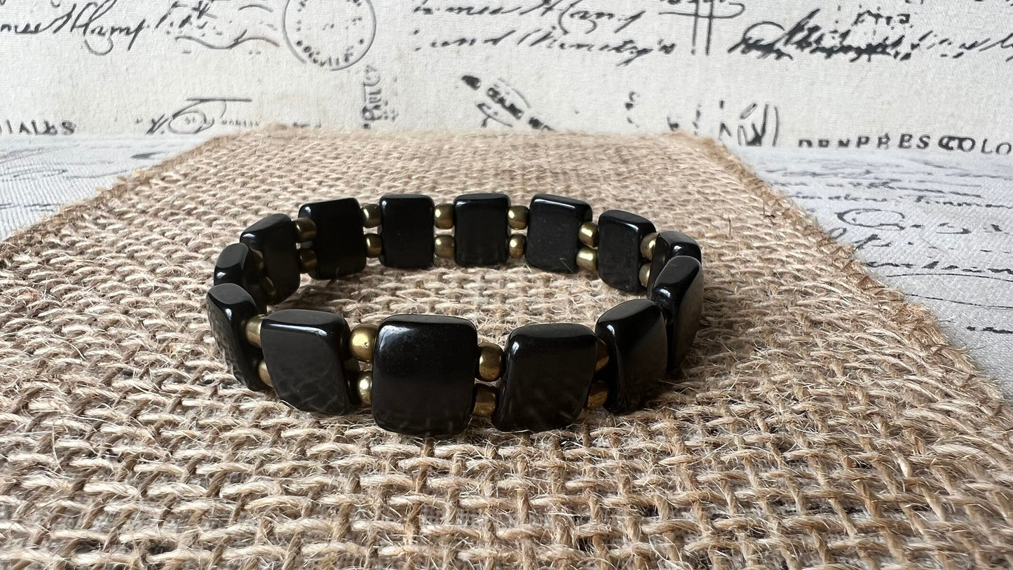 Black square bracelet Statement stretch bangle Tagua jewelry Elastic adjustable bracelet Fall fashion trends Christmas stocking stuffers