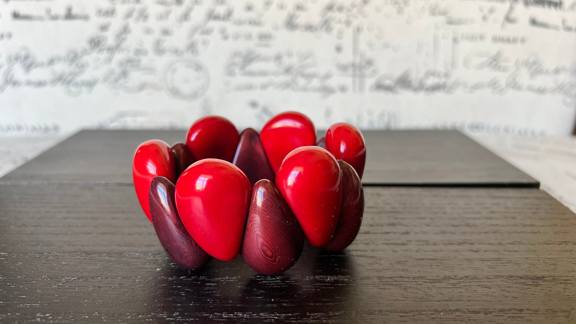Maroon red wide cuff bracelet Tagua jewelry Fall fashion trends Big and bold funky boho bracelets Beaded stretch bangle Christmas gifts