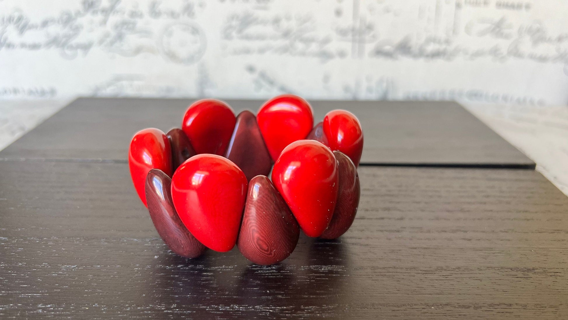 Maroon red wide cuff bracelet Tagua jewelry Fall fashion trends Big and bold funky boho bracelets Beaded stretch bangle Christmas gifts