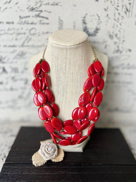 Red fashion multi strand necklace Statement beaded bib necklace for women Tagua nut necklace Lightweight with gold chain Big bold chunky
