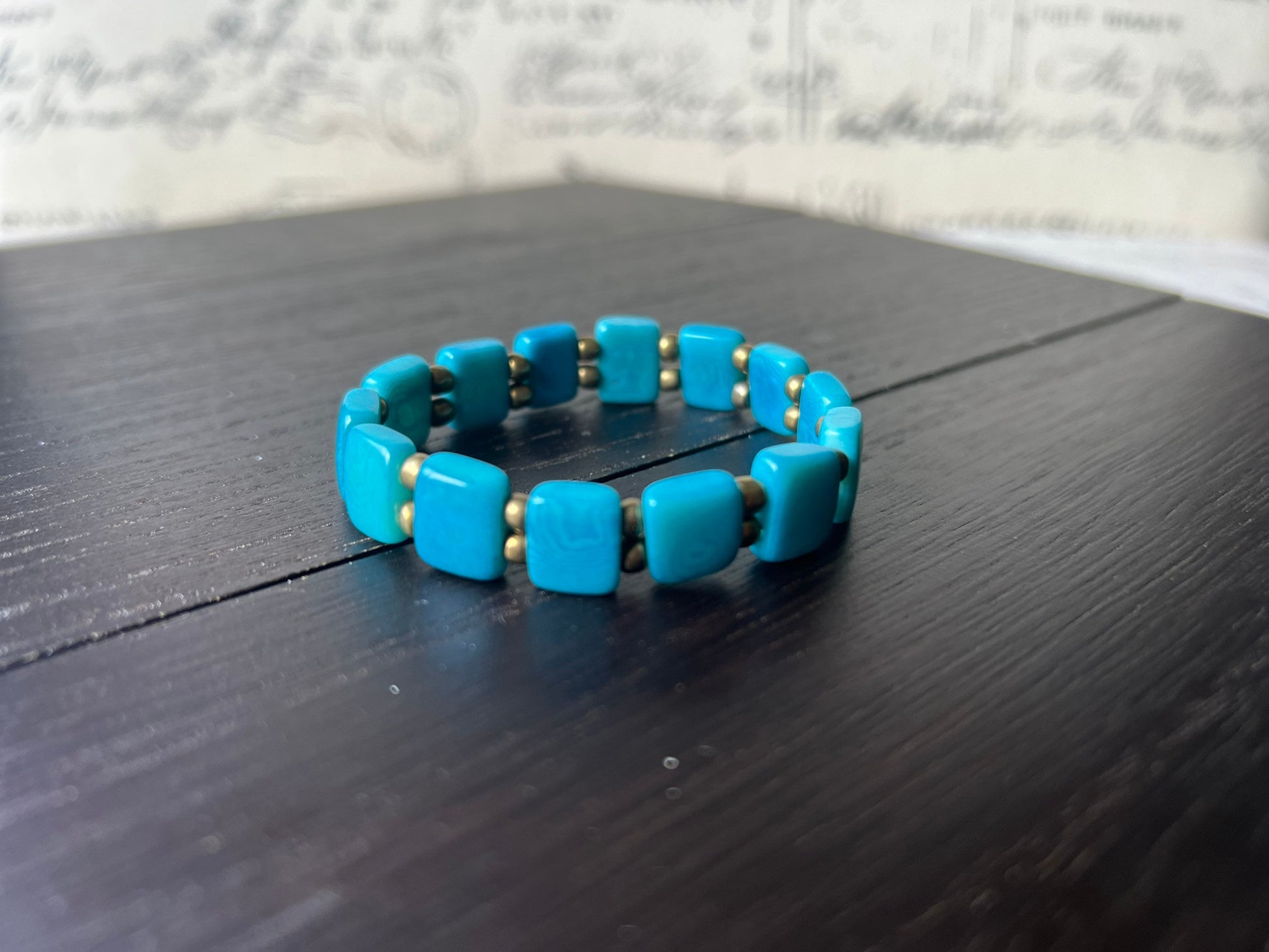 Turquoise square bracelet Statement stretch bangle Tagua jewelry Elastic adjustable bracelet Fall fashion Beach trends Xmas stocking stuffer