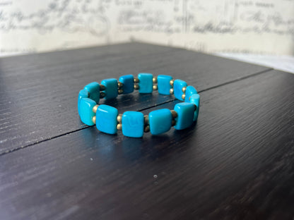 Turquoise square bracelet Statement stretch bangle Tagua jewelry Elastic adjustable bracelet Fall fashion Beach trends Xmas stocking stuffer