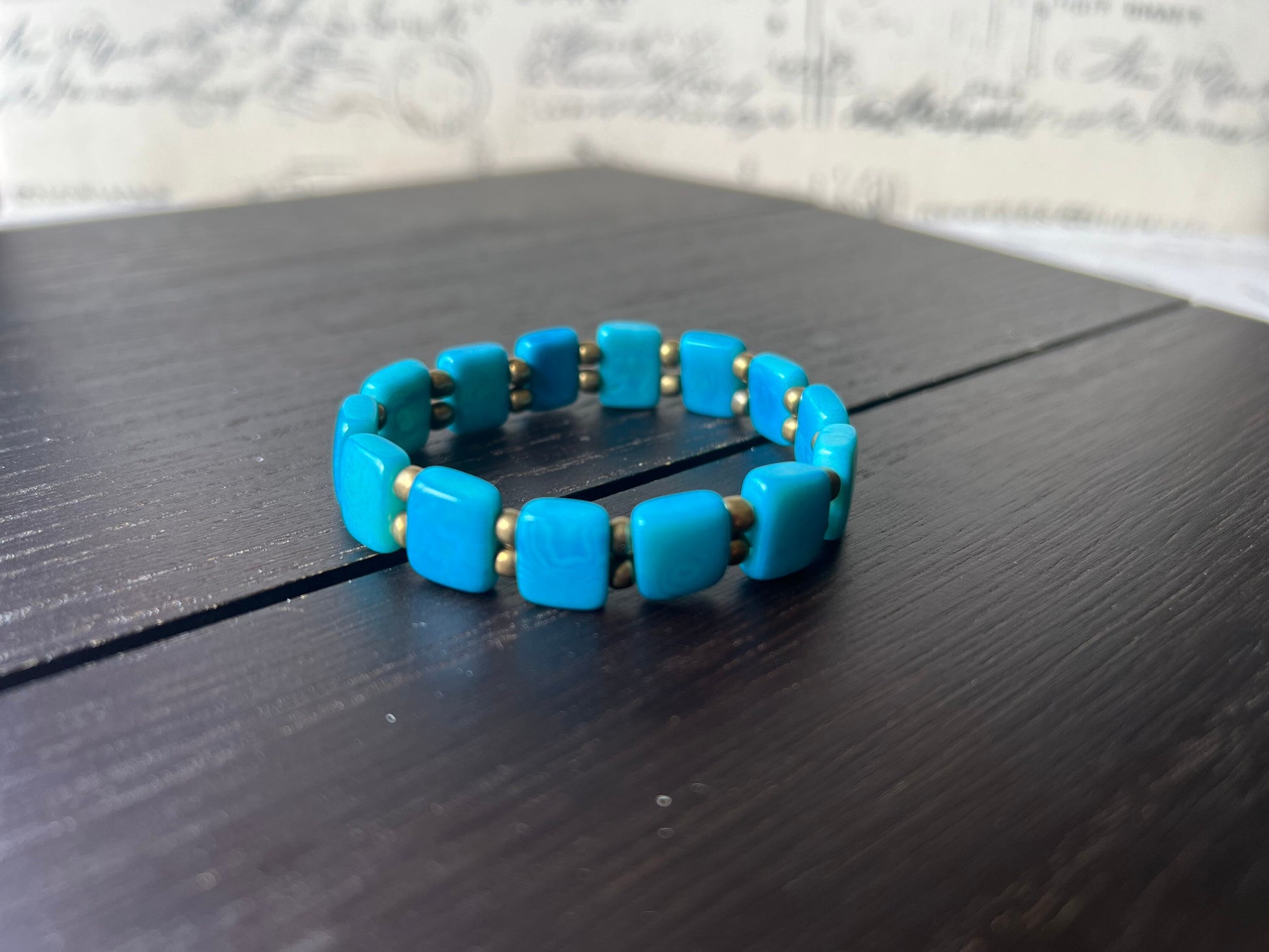 Turquoise square bracelet Statement stretch bangle Tagua jewelry Elastic adjustable bracelet Fall fashion Beach trends Xmas stocking stuffer