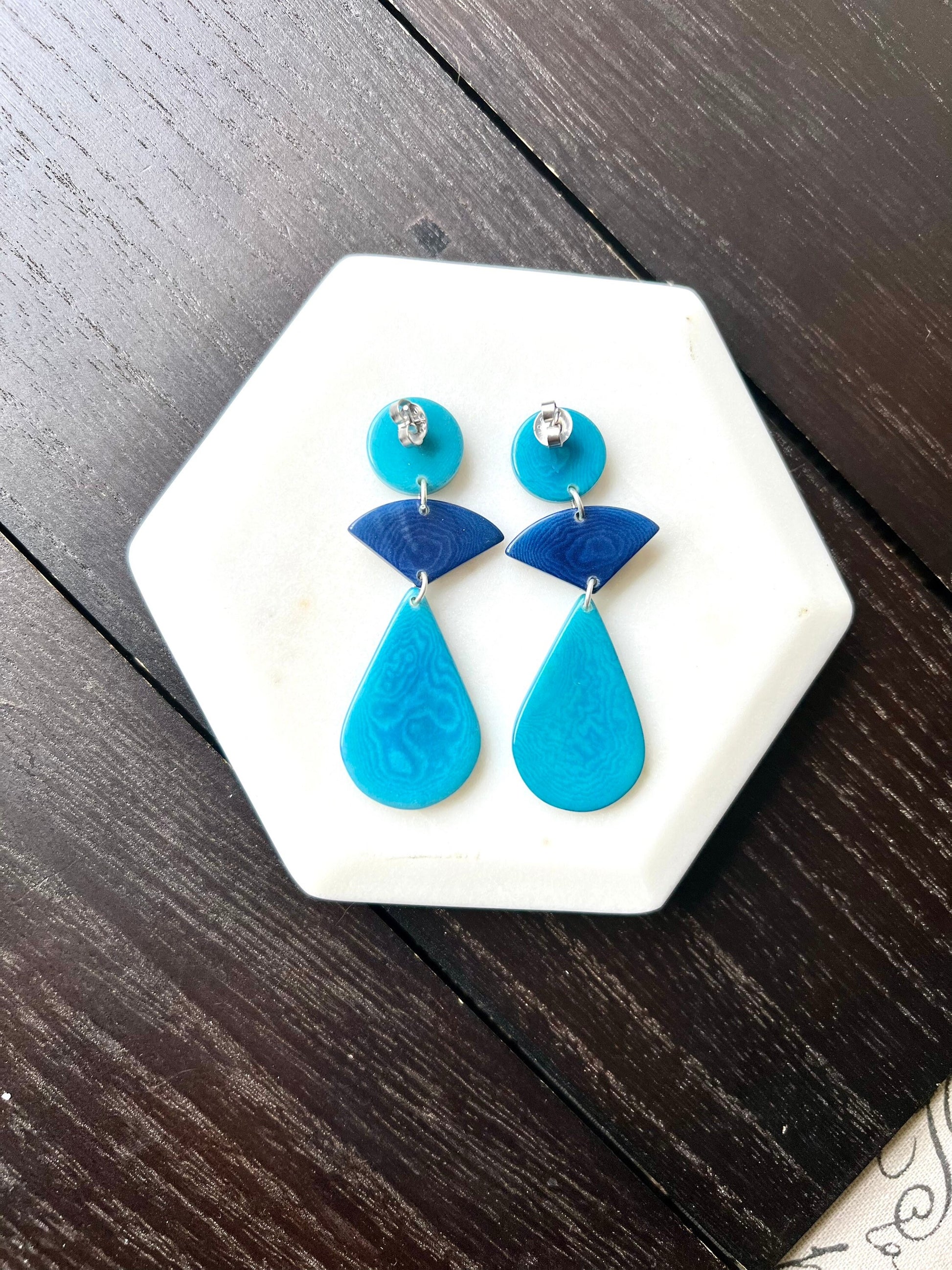 Turquoise blue modern earrings Tagua jewelry Statement beaded dangle and drop earrings Geometric drops Summer fashion Wife Anniversary gift
