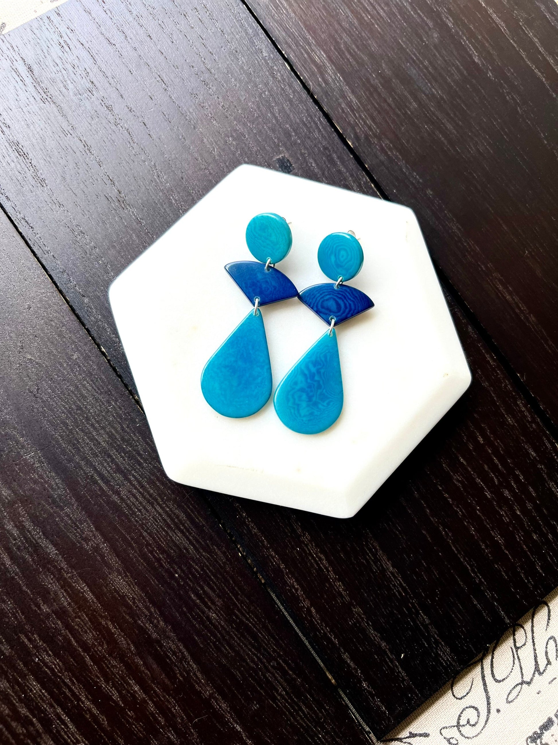 Turquoise blue modern earrings Tagua jewelry Statement beaded dangle and drop earrings Geometric drops Summer fashion Wife Anniversary gift