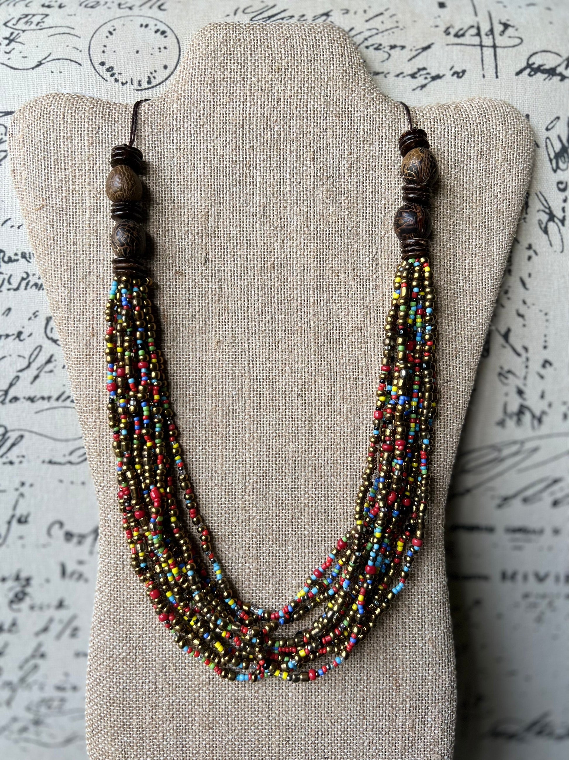 Multi layer seed bead statement necklace with coconut beads Multi color lightweight collar Anniversary gift for wife Fall fashion trends