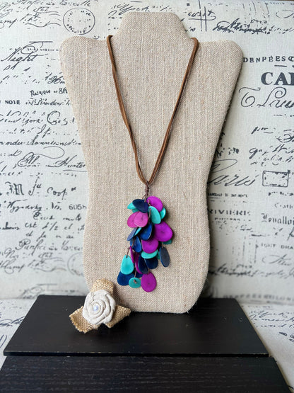 Blue purple and turquoise tagua nut necklace Boho jewelry Statement extra long lightweight pendant Holiday fashion trends Anniversary gifts