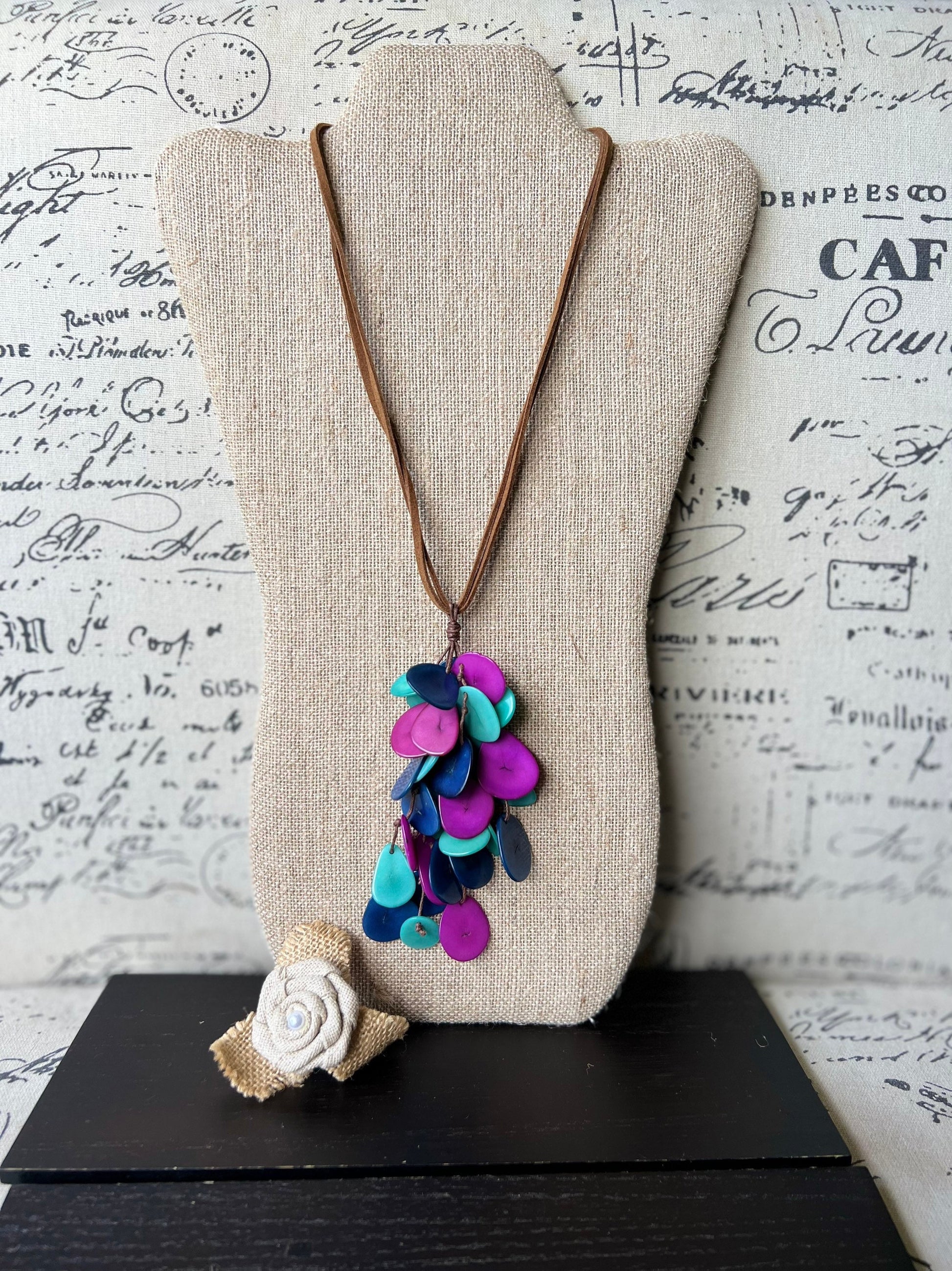 Blue purple and turquoise tagua nut necklace Boho jewelry Statement extra long lightweight pendant Holiday fashion trends Anniversary gifts