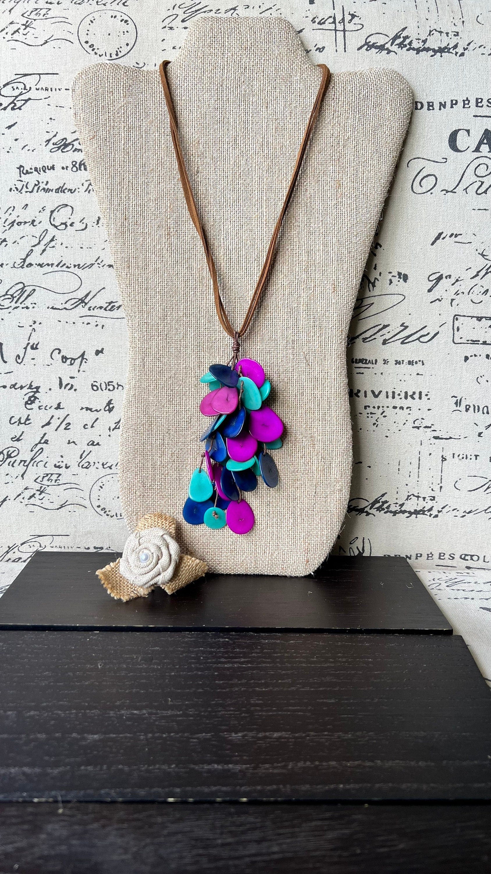 Blue purple and turquoise tagua nut necklace Boho jewelry Statement extra long lightweight pendant Holiday fashion trends Anniversary gifts