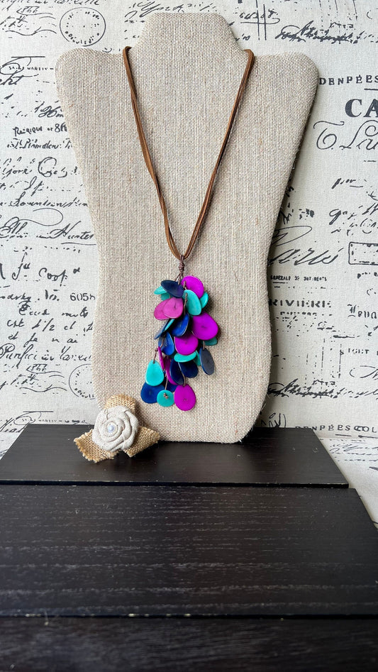 Blue purple and turquoise tagua nut necklace Boho jewelry Statement extra long lightweight pendant Holiday fashion trends Anniversary gifts