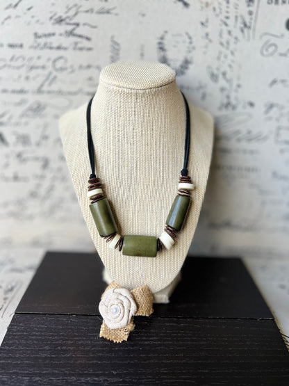 Olive green tagua necklace with coconut beads Lightweight and adjustable Multi color bib collar Xmas gift ideas Fall fashion style