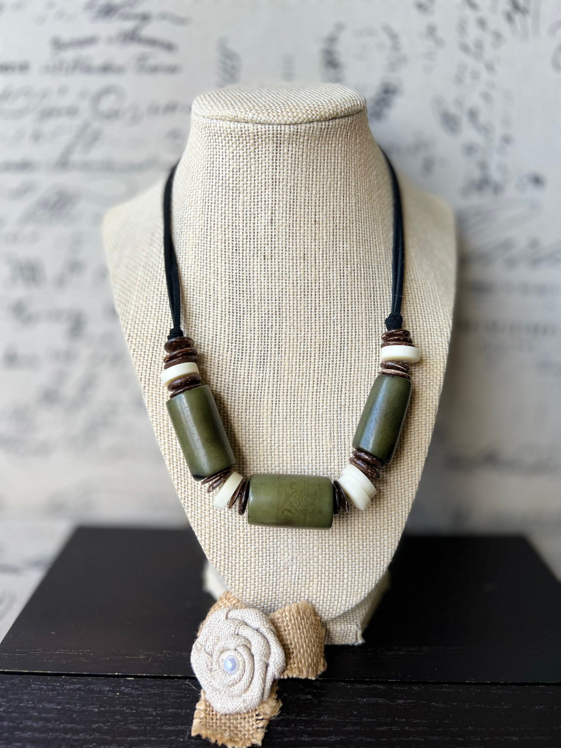 Olive green tagua necklace with coconut beads Lightweight and adjustable Multi color bib collar Xmas gift ideas Fall fashion style