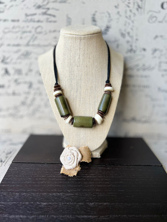 Olive green tagua necklace with coconut beads Lightweight and adjustable Multi color bib collar Xmas gift ideas Fall fashion style