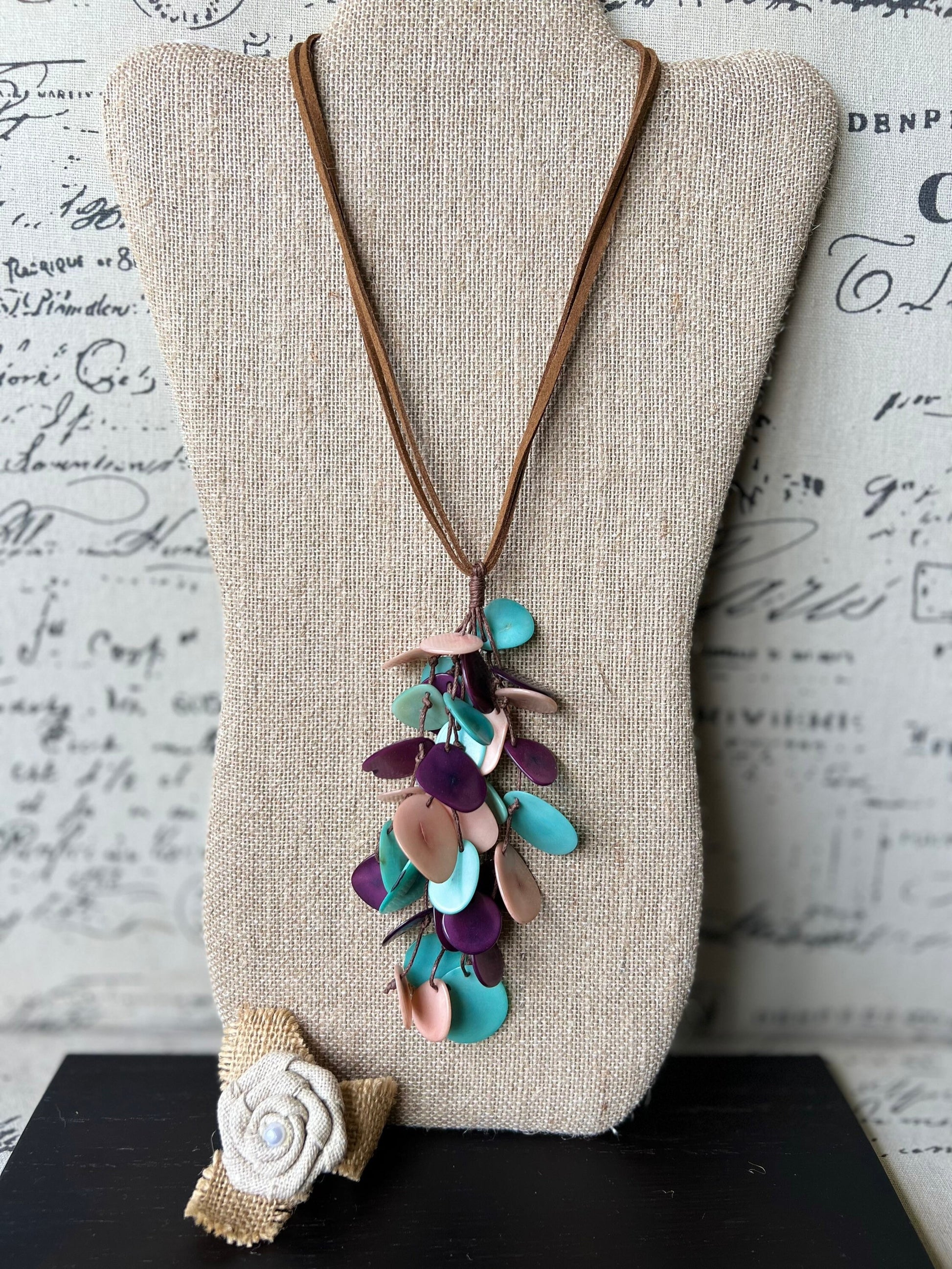 Turquoise purple and pink statement necklace Boho jewelry Tagua jewelry Extra long lightweight pendant Spring fashion trend Anniversary gift