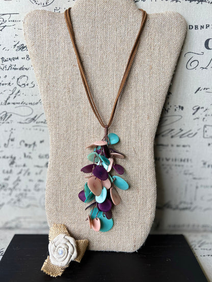 Turquoise purple and pink statement necklace Boho jewelry Tagua jewelry Extra long lightweight pendant Spring fashion trend Anniversary gift