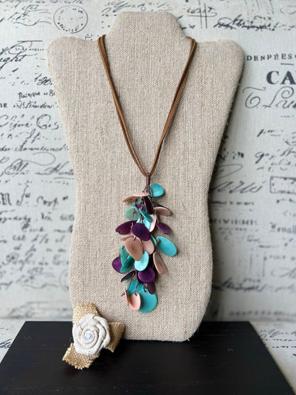 Turquoise purple and pink statement necklace Boho jewelry Tagua jewelry Extra long lightweight pendant Spring fashion trend Anniversary gift