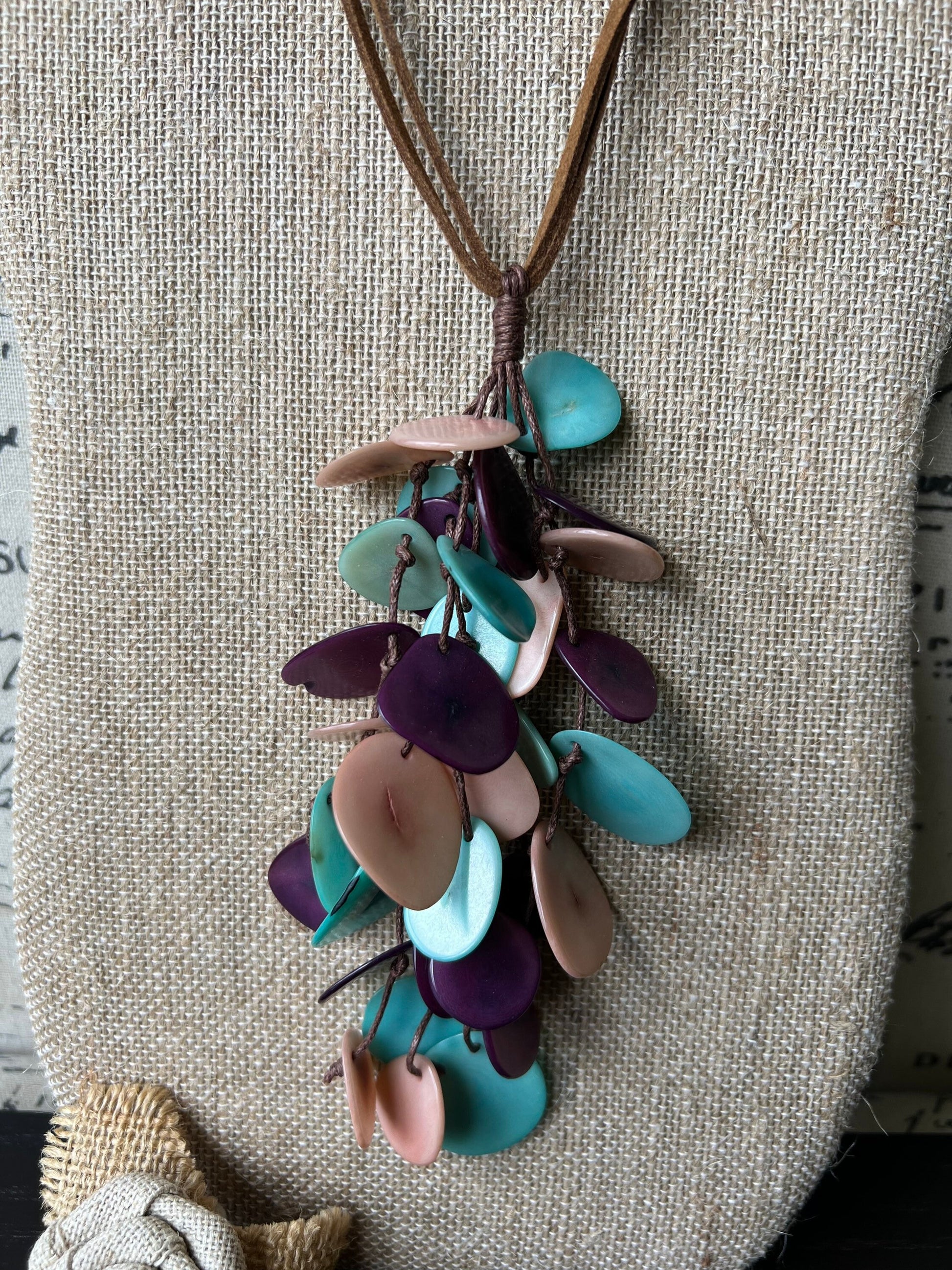 Turquoise purple and pink statement necklace Boho jewelry Tagua jewelry Extra long lightweight pendant Spring fashion trend Anniversary gift