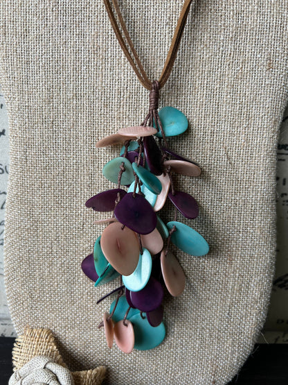 Turquoise purple and pink statement necklace Boho jewelry Tagua jewelry Extra long lightweight pendant Spring fashion trend Anniversary gift