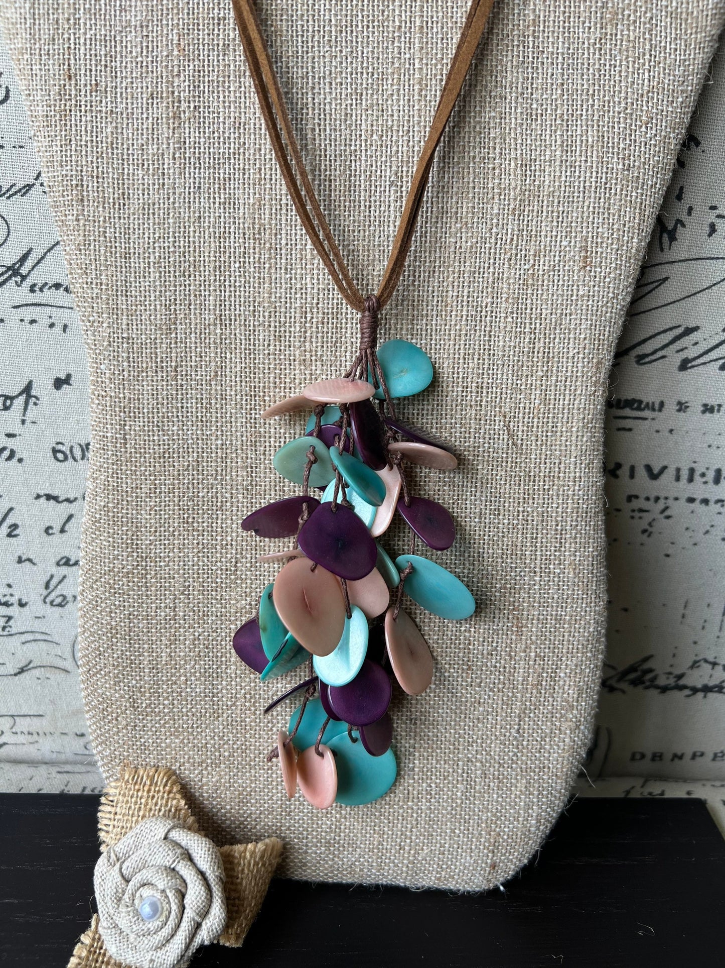 Turquoise purple and pink statement necklace Boho jewelry Tagua jewelry Extra long lightweight pendant Spring fashion trend Anniversary gift