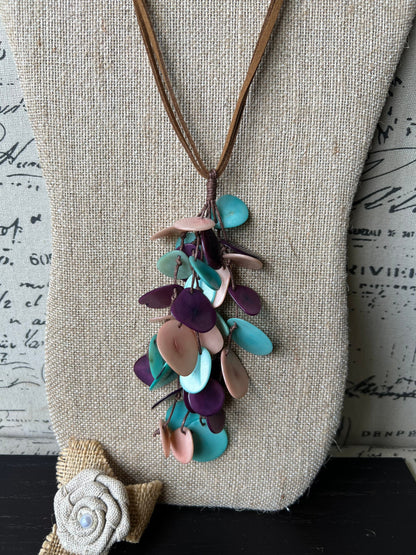 Turquoise purple and pink statement necklace Boho jewelry Tagua jewelry Extra long lightweight pendant Spring fashion trend Anniversary gift