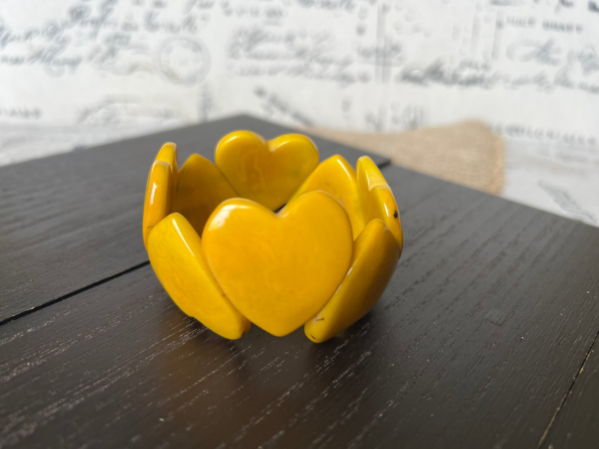 Yellow heart shaped beads bracelet Tagua jewelry Love bangle Anniversary gifts under 20 Girlfriend birthday Fall fashion trend Beach style