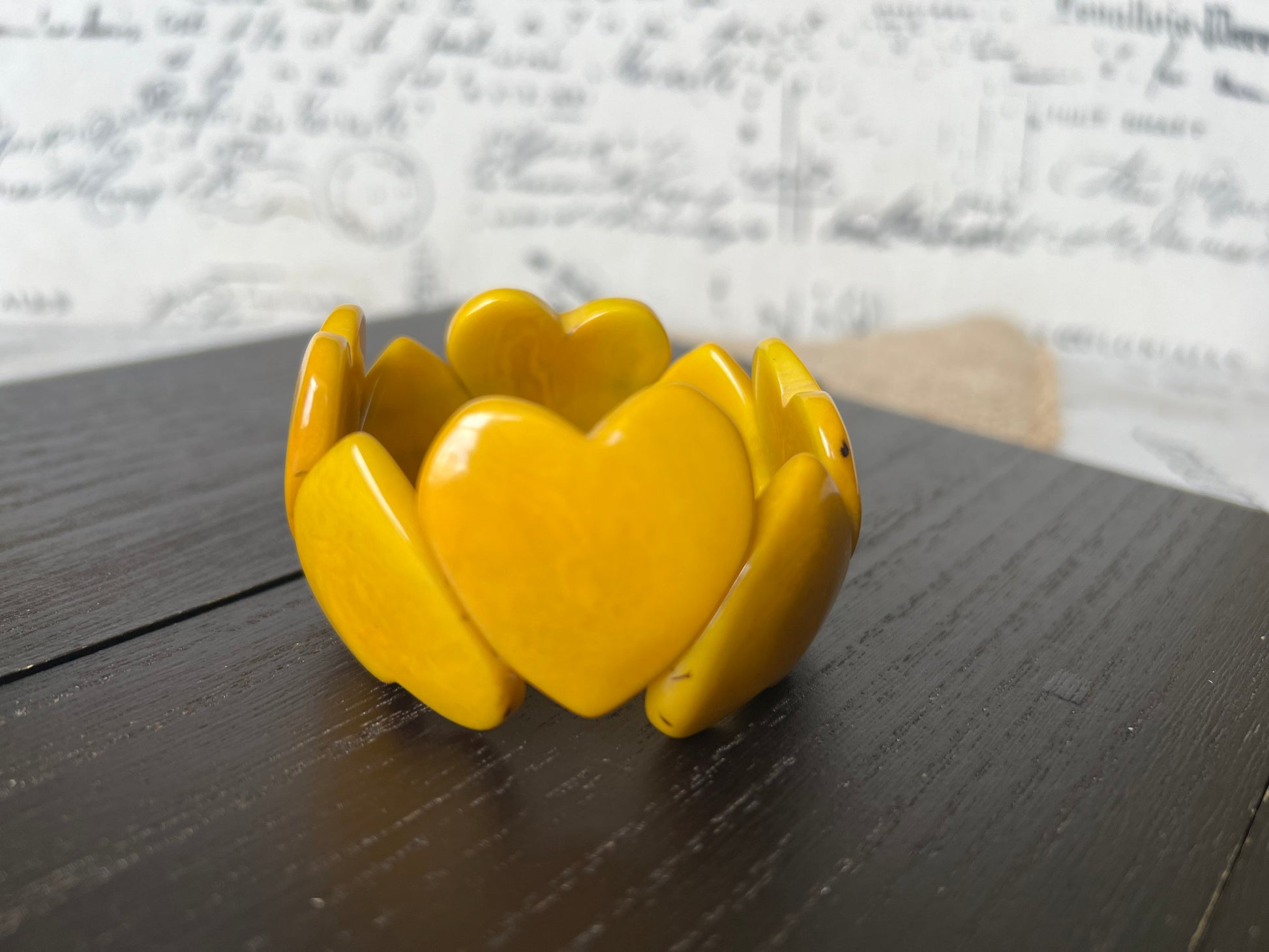 Yellow heart shaped beads bracelet Tagua jewelry Love bangle Anniversary gifts under 20 Girlfriend birthday Fall fashion trend Beach style