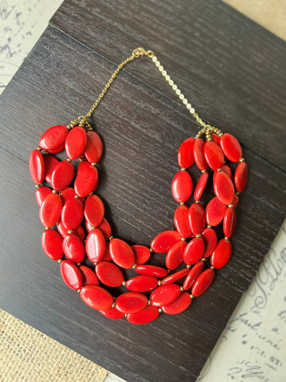 Red fashion multi strand necklace Statement beaded bib necklace for women Tagua nut necklace Lightweight with gold chain Big bold chunky