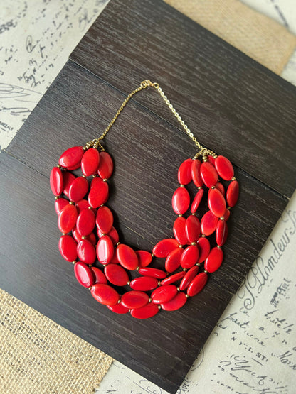 Red fashion multi strand necklace Statement beaded bib necklace for women Tagua nut necklace Lightweight with gold chain Big bold chunky