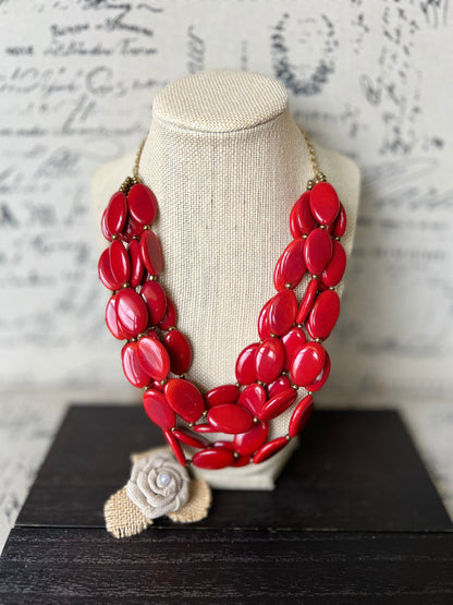 Red fashion multi strand necklace Statement beaded bib necklace for women Tagua nut necklace Lightweight with gold chain Big bold chunky