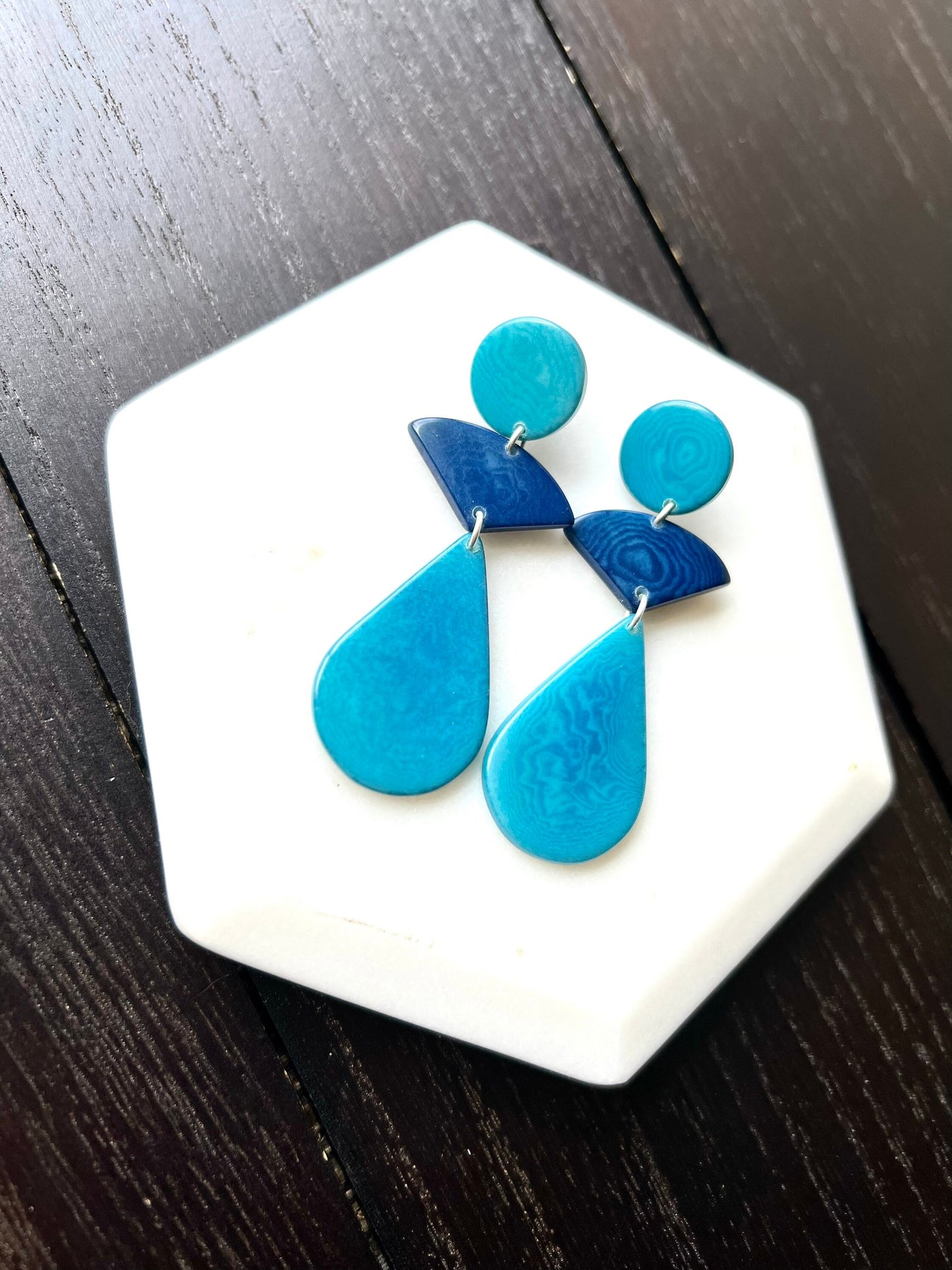 Turquoise blue modern earrings Tagua jewelry Statement beaded dangle and drop earrings Geometric drops Summer fashion Wife Anniversary gift