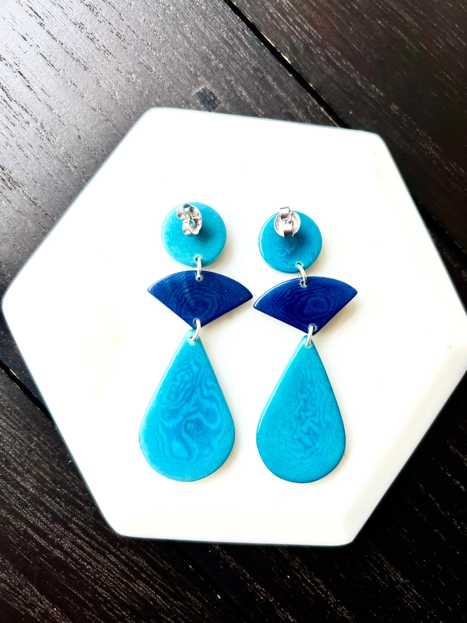 Turquoise blue modern earrings Tagua jewelry Statement beaded dangle and drop earrings Geometric drops Summer fashion Wife Anniversary gift