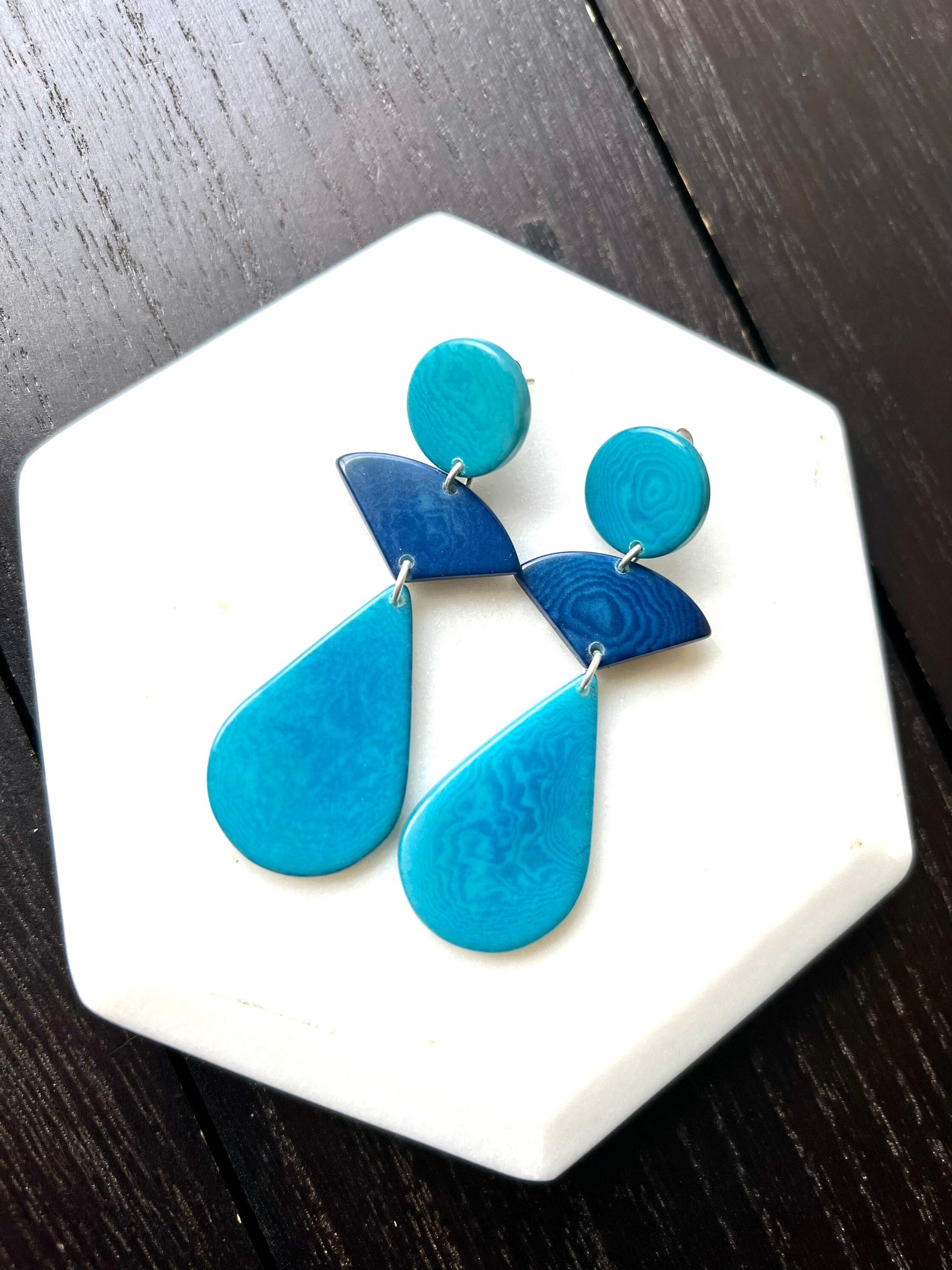 Turquoise blue modern earrings Tagua jewelry Statement beaded dangle and drop earrings Geometric drops Summer fashion Wife Anniversary gift