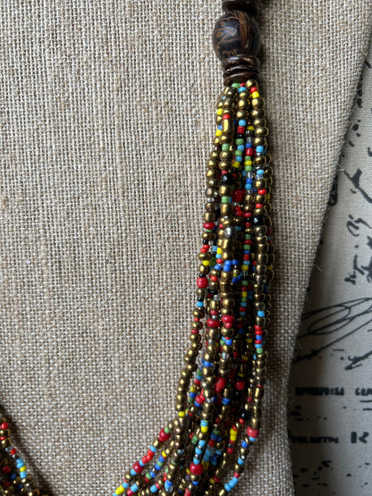Multi layer seed bead statement necklace with coconut beads Multi color lightweight collar Anniversary gift for wife Fall fashion trends